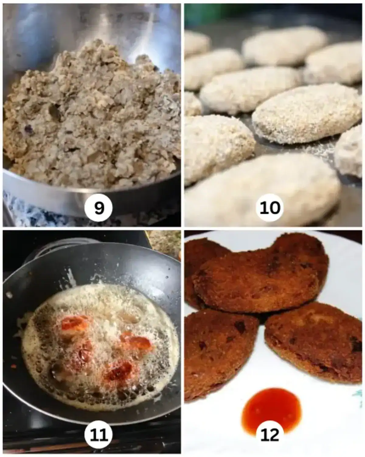 Shaped Kerala chicken cutlets coated with breadcrumbs, being fried in oil, and served crisp and golden with sauce.