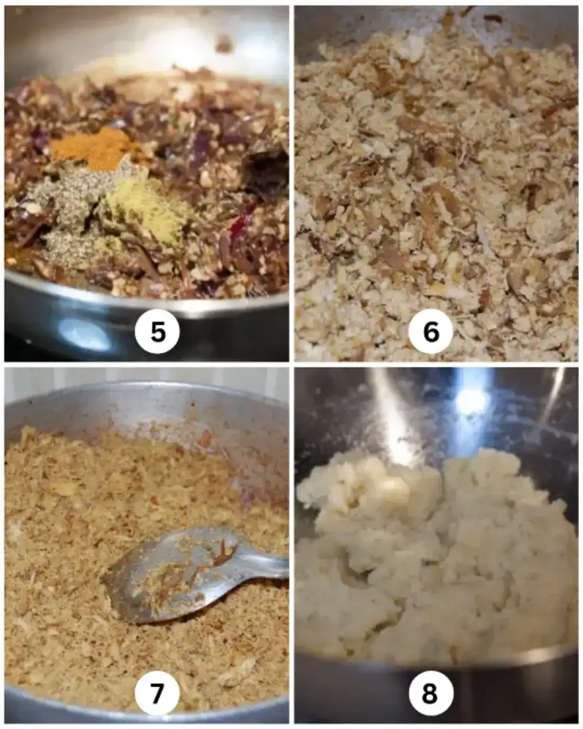 Spices added to sautéed onion, followed by shredded chicken and mashed potato for Kerala chicken cutlet filling.