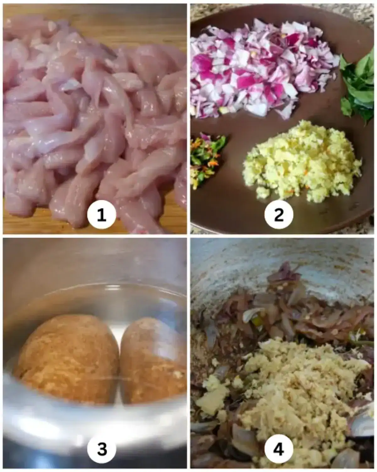Preparation steps for Kerala chicken cutlet showing raw chicken, chopped ingredients, potatoes boiling, and masala sautéing.