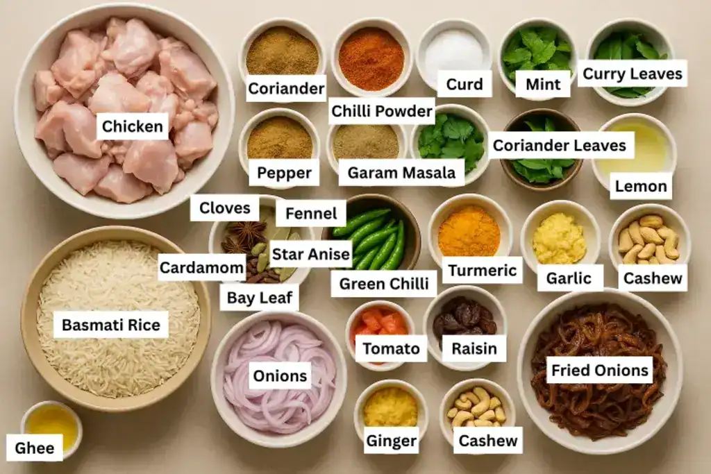 Raw chicken, basmati rice, spices, herbs, and garnishes for Kerala-style chicken biriyani arranged in small bowls on a beige background.