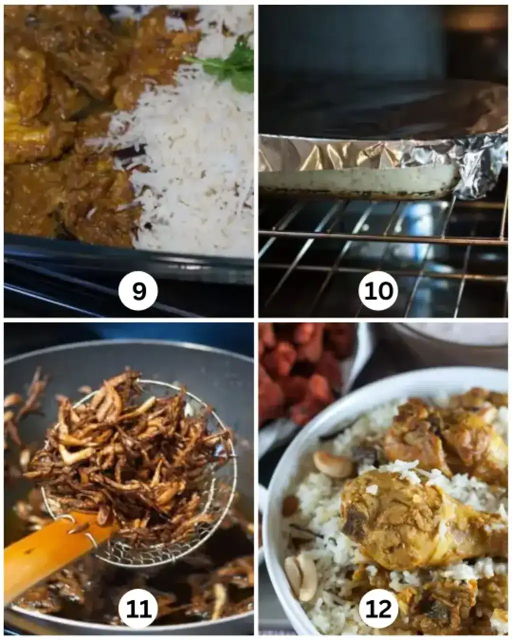 Kerala Chicken biriyani layered with masala and rice, topped with fried onions, sealed for dum, and ready to serve.