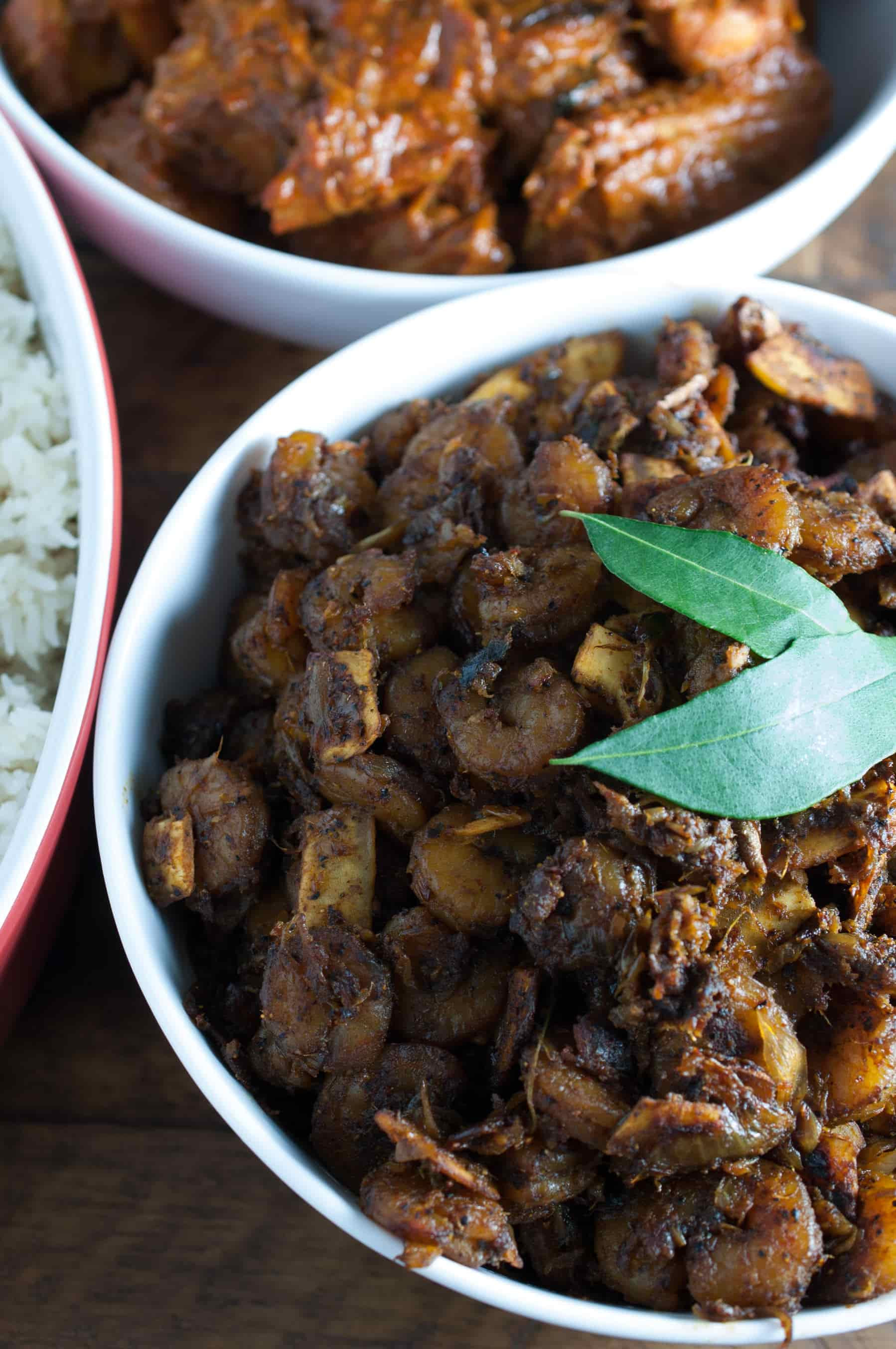 This is a spicy dish, well flavored with cocum and pepper. It's an easy chemmeen roast/fry preparation. It goes well with rice.