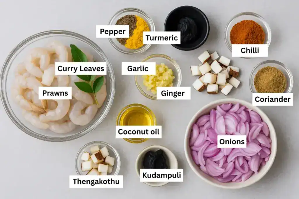 Kerala style prawns roast ingredients on a grey surface, with prawns, shallots, coconut pieces, spices, oil, and kudampuli.