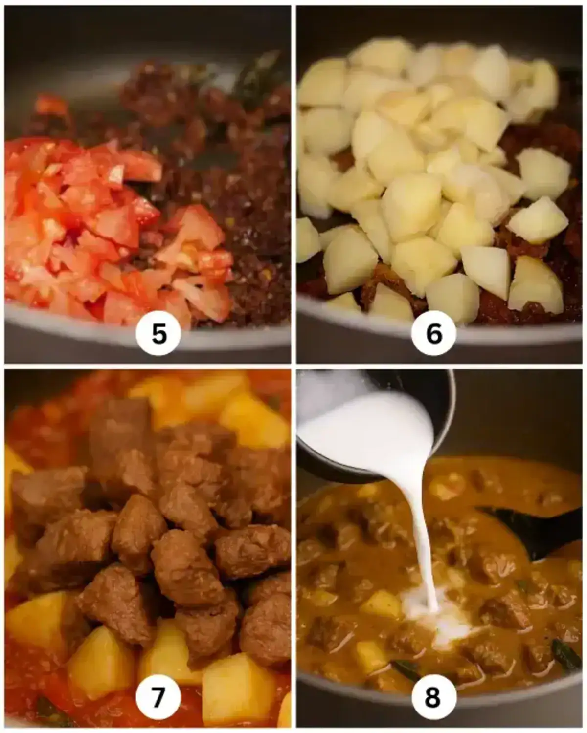 Final steps of Kerala style beef curry with potato showing tomato, cooked potato, beef, and thick coconut milk being added.