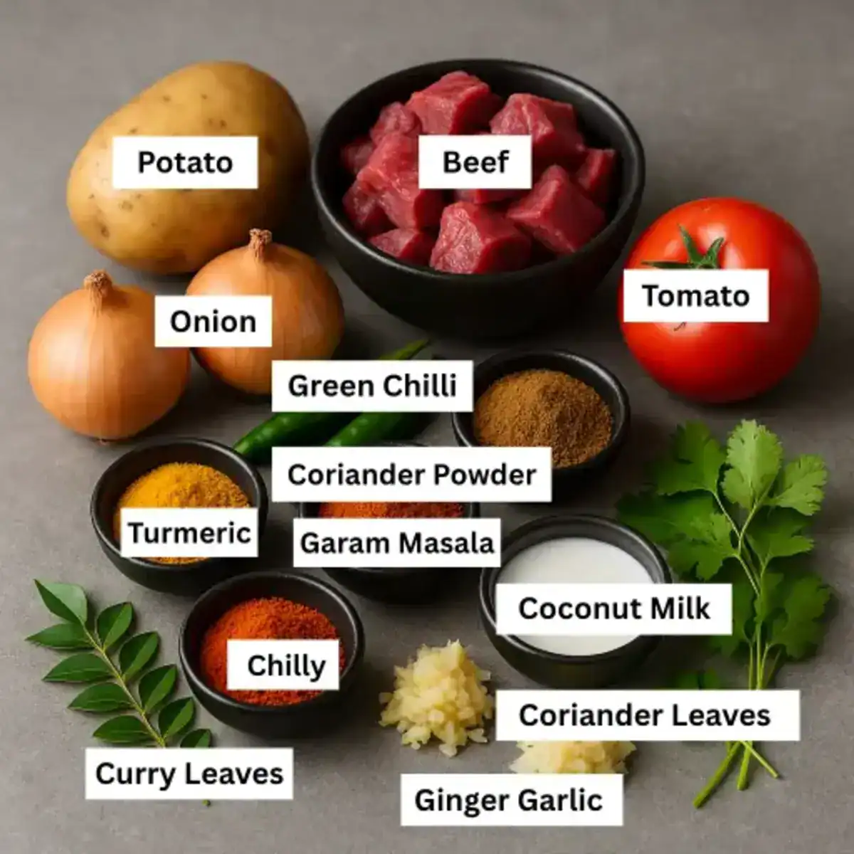 Ingredients for Kerala style beef curry with potato including beef, potato, spices, herbs, and coconut milk on grey background.