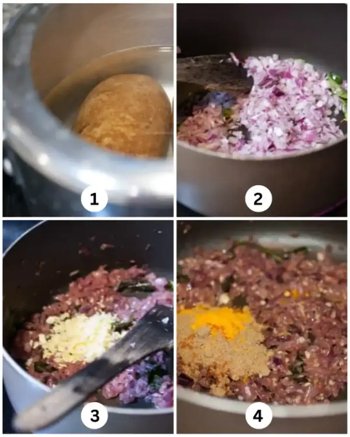 Step images of boiling potato and sautéing onion, garlic, ginger, and spices for Kerala style beef curry with potato.