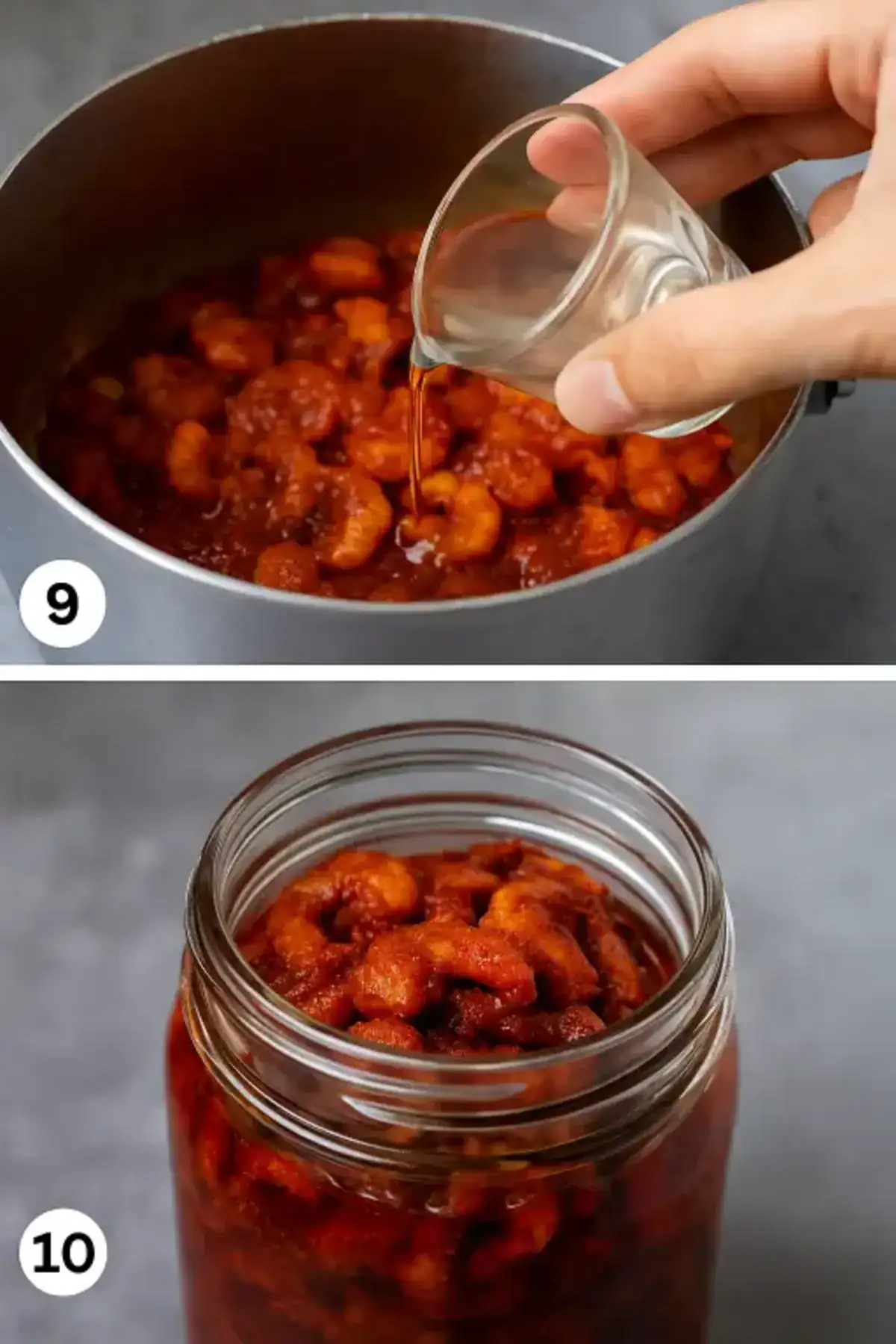 Kerala style prawns pickle preparation showing vinegar being added to cooked prawns and final pickle stored in a glass jar.
