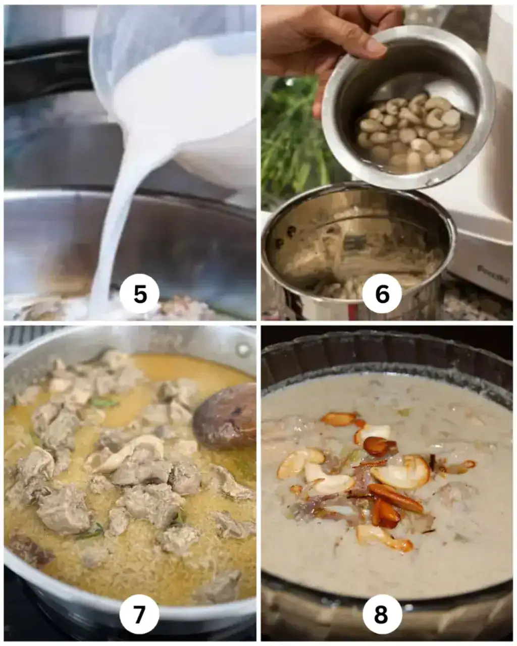 Adding coconut milk, cashew paste, and simmering nadan kozhi ishtu before garnishing.