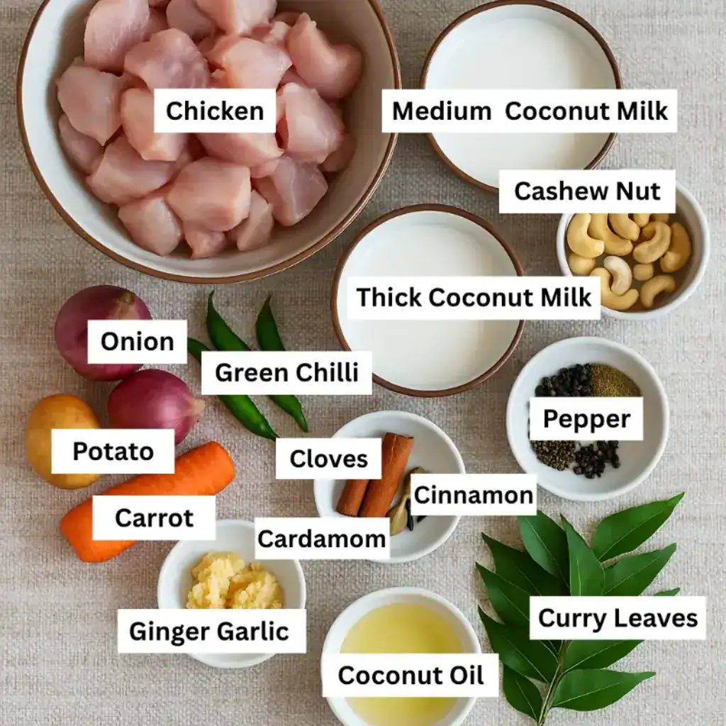 Ingredients for Kerala chicken stew arranged on a cloth, including chicken, coconut milk, spices, vegetables, curry leaves, and cashews.