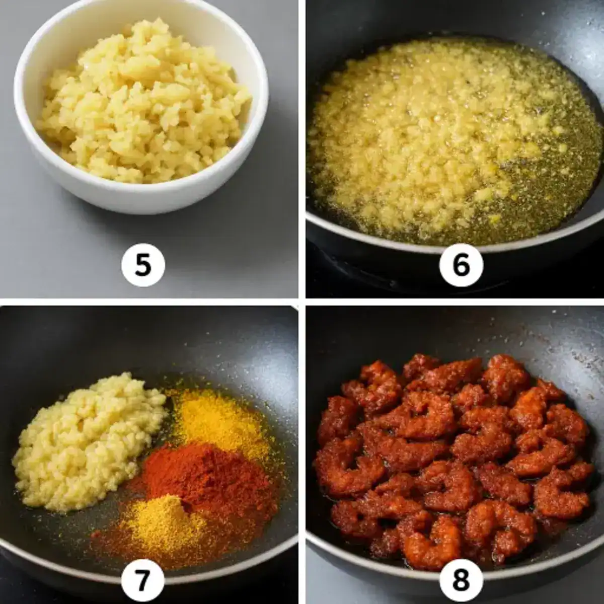 Cooking steps for nadan chemeen achar showing crushed ginger-garlic, sautéing in oil, adding spices, and mixing fried shrimp.