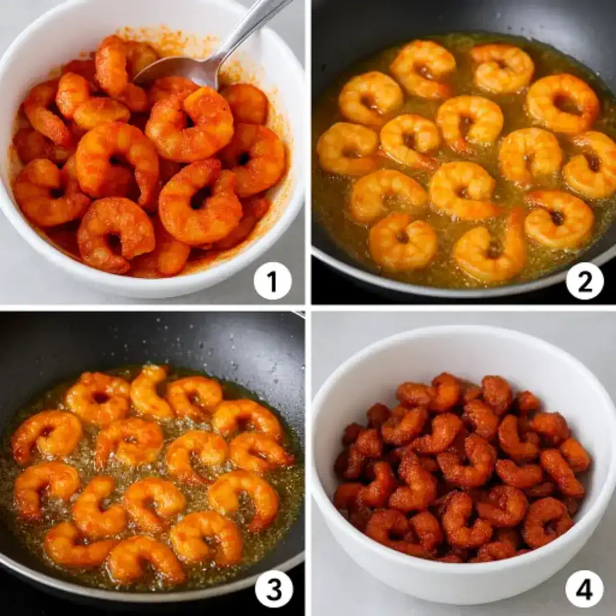  Step-by-step preparation of nadan chemeen achar showing marinated shrimp, frying in oil, and transferring to a bowl.