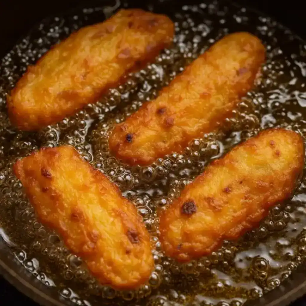 Banana fritters deep frying in hot coconut oil until puffed and golden brown.
