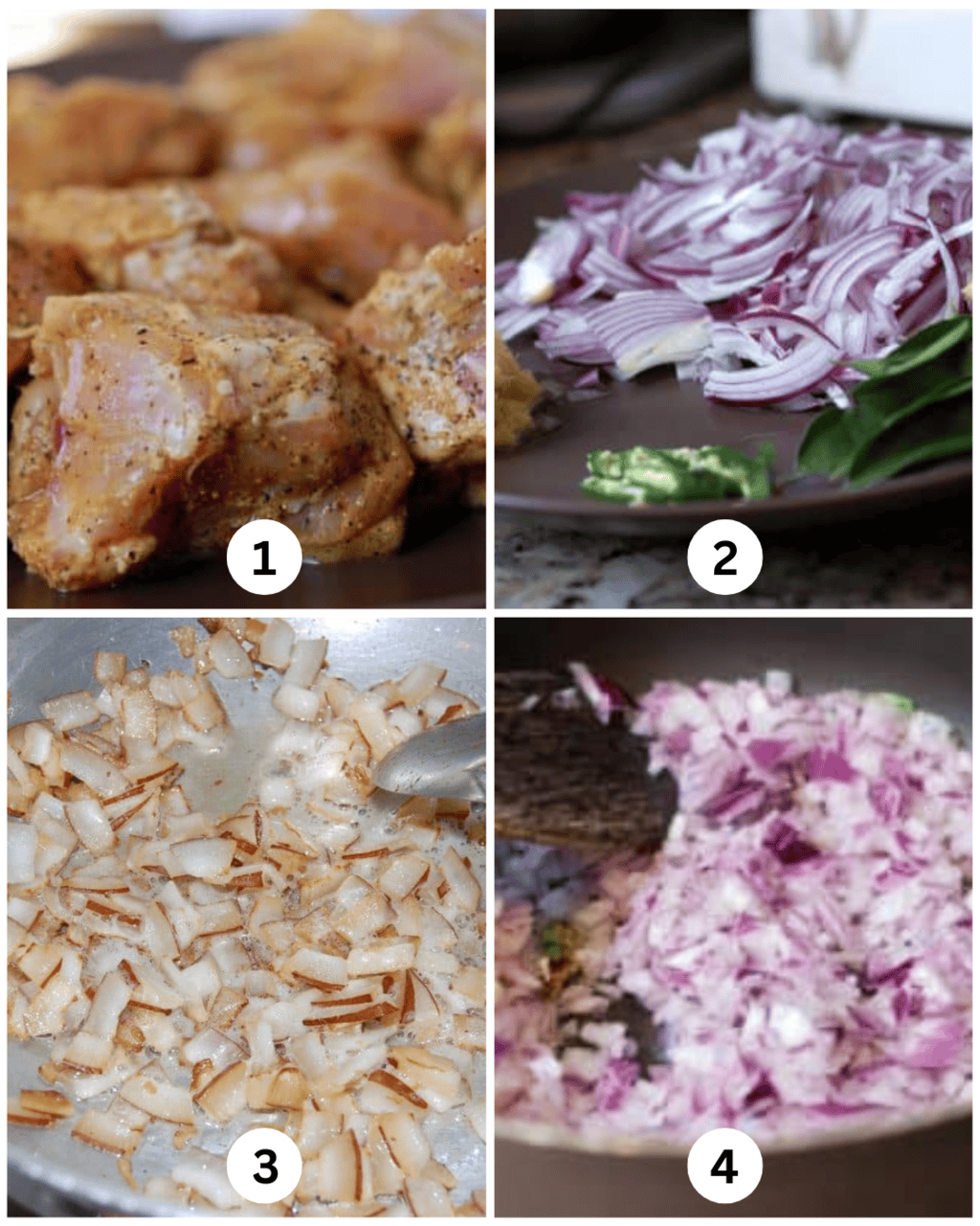 Steps for Kerala Pepper Chicken: marinated chicken, raw onions and chilies, frying coconut bits, and sautéing chopped onions.