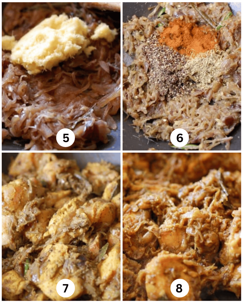 Cooking Kerala Pepper Chicken: adding ginger-garlic paste, spices, mixing chicken, and final stage when oil separates.