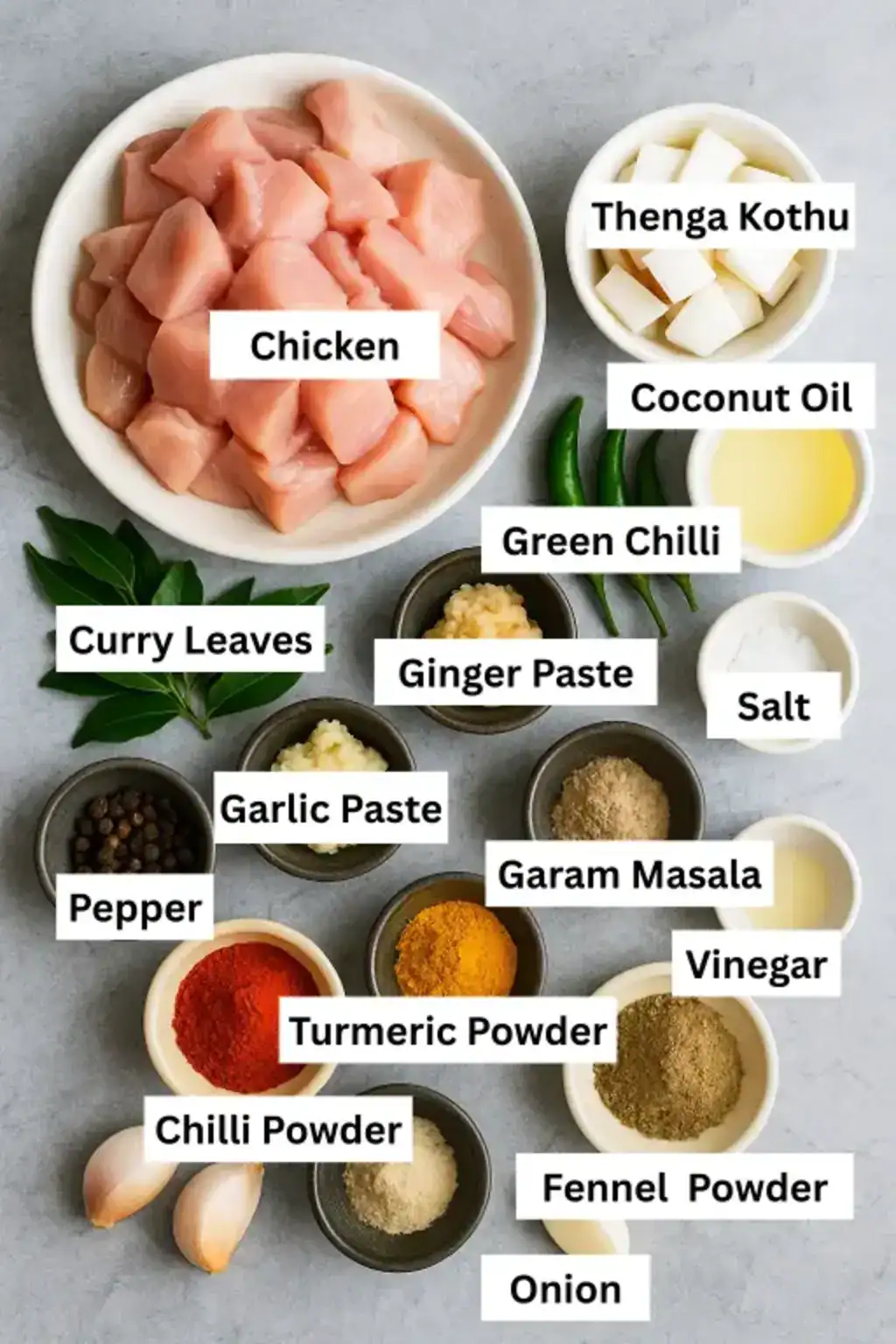 Raw chicken, spices, coconut slices, curry leaves, green chillies, and seasonings arranged neatly for Kerala-style pepper chicken.