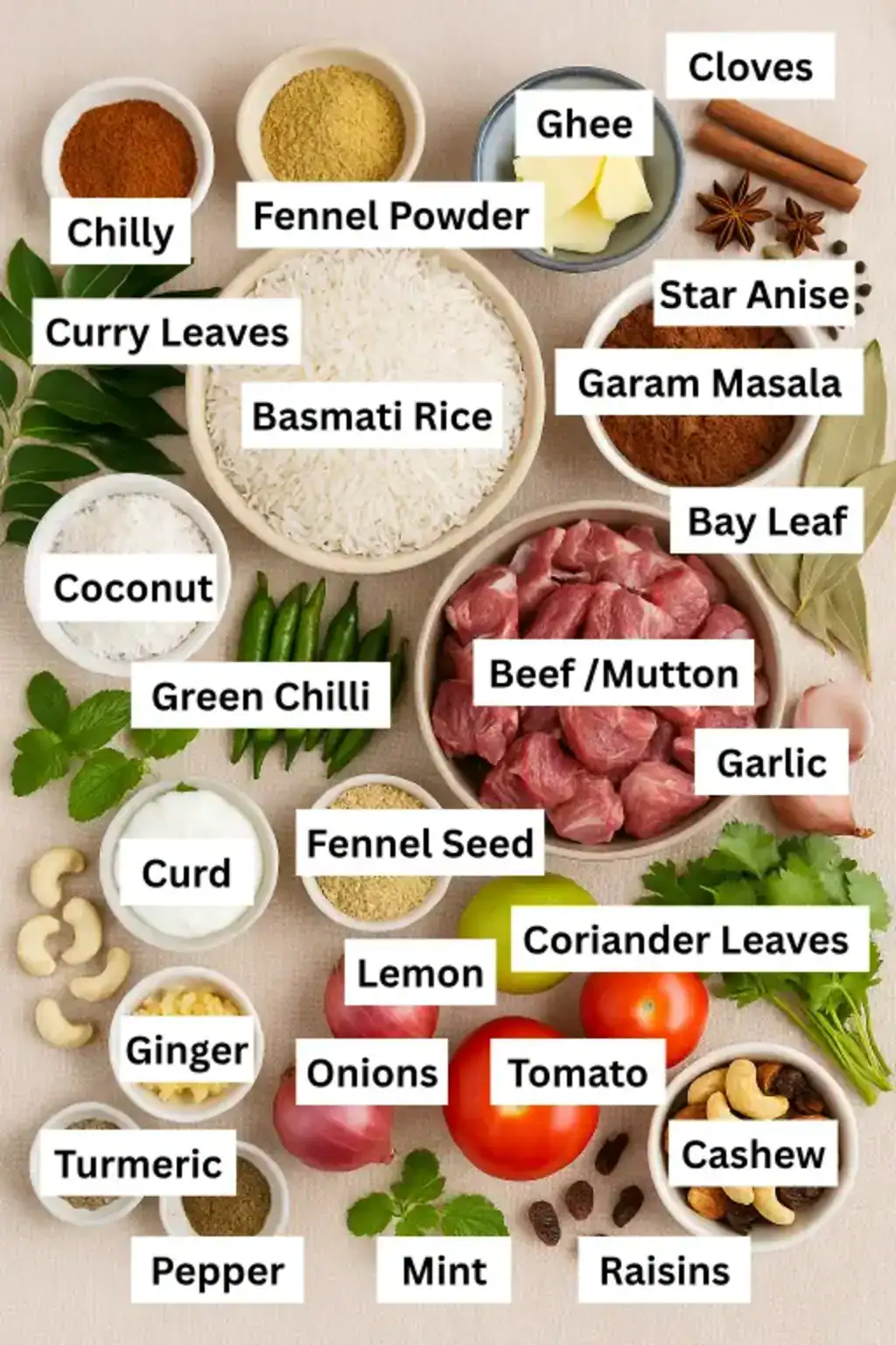 Ingredients for Kerala style beef/mutton biriyani arranged on a beige surface, including rice, mutton/beef, spices, coconut, herbs, and tomato.