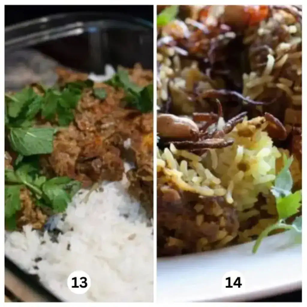 Layering masala and rice, garnishing with fried onion, mint, and coriander for Kerala-style beef/mutton biriyani.