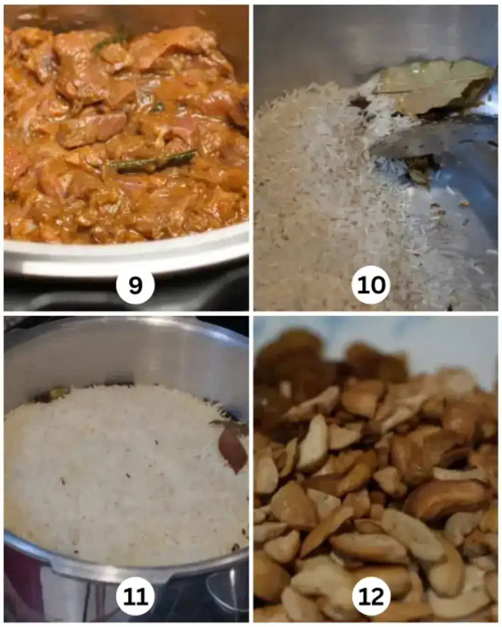 Cooking rice with spices and frying cashews and raisins for nadan erachi/aadu biriyani garnish.  