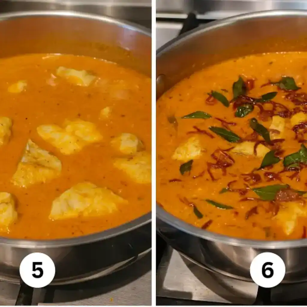 Kerala style fish curry with coconut milk simmering on stove, finished with final garnish of fried shallots and curry leaves.