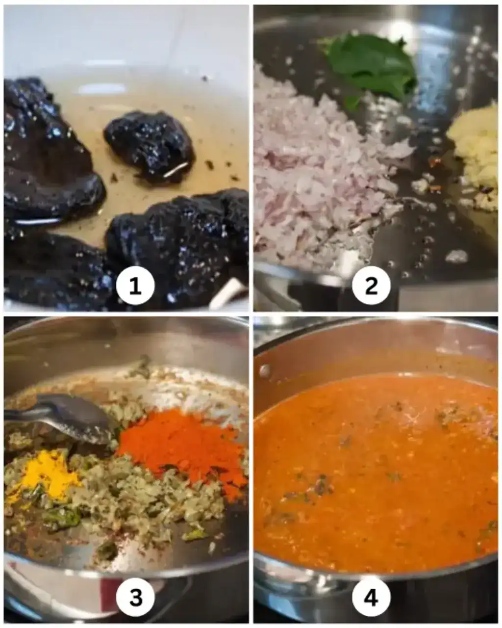 Step-by-step cooking of fish curry with coconut milk, showing cocum soaking, sautéing onions, adding spices, and simmering.