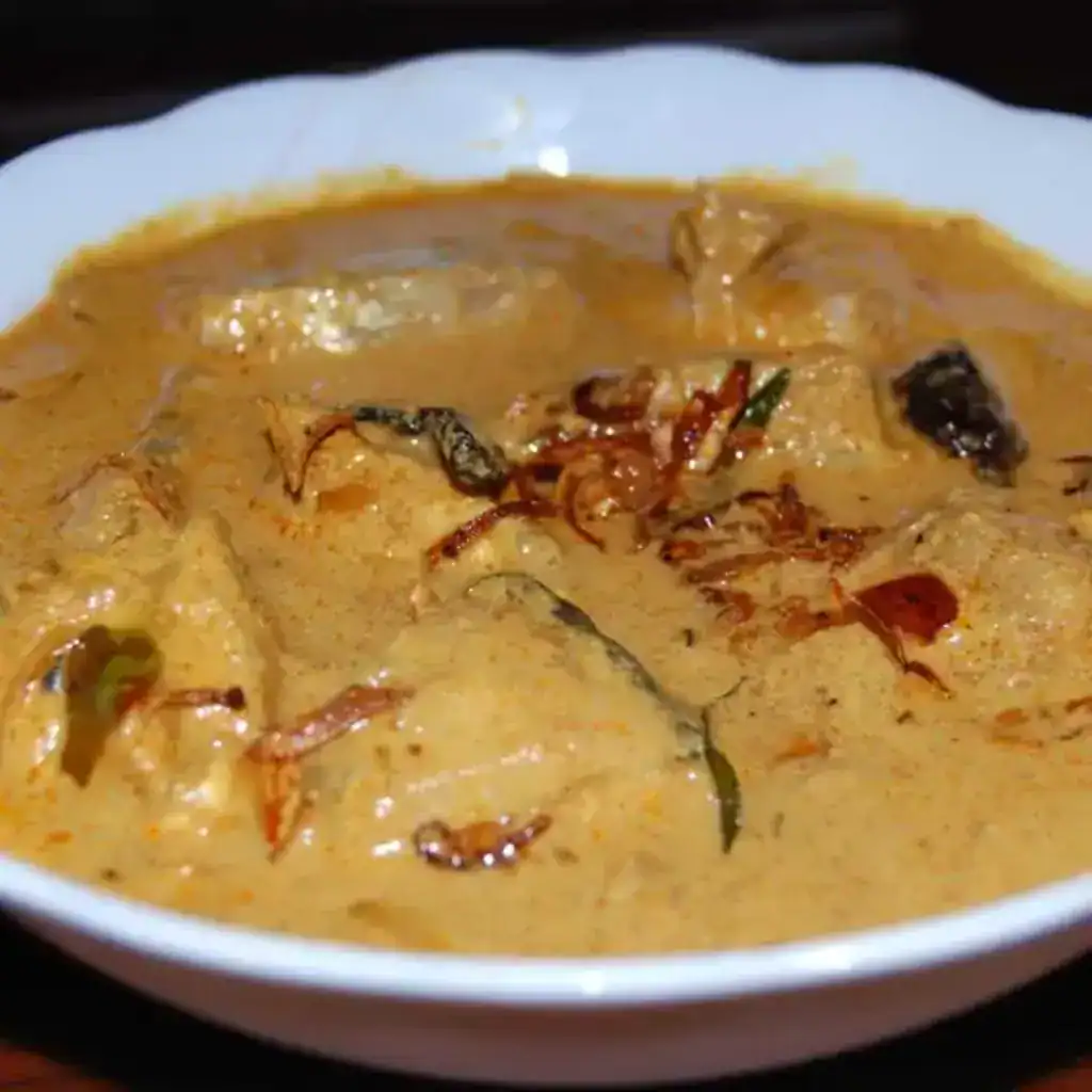 Kerala style fish curry with coconut milk served in a white bowl, garnished with fried shallots and curry leaves.