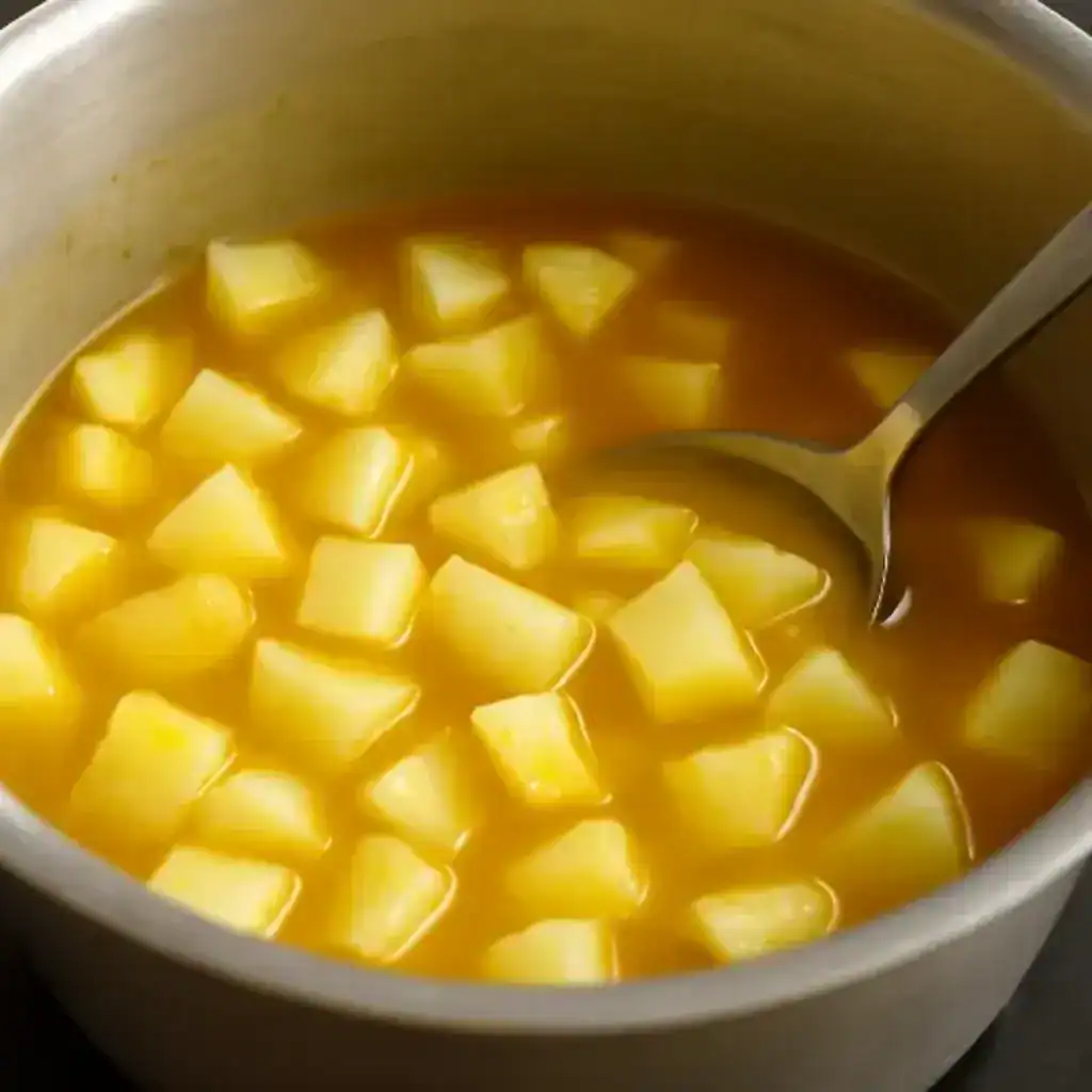 Diced tapioca boiling with turmeric and salt in a steel pot for Ellum Kappayum base.