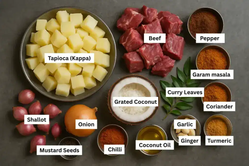 Kerala Kappa Biriyani recipe ingredients like tapioca, beef, coconut, spices, curry leaves, shallots, and more on a grey background.