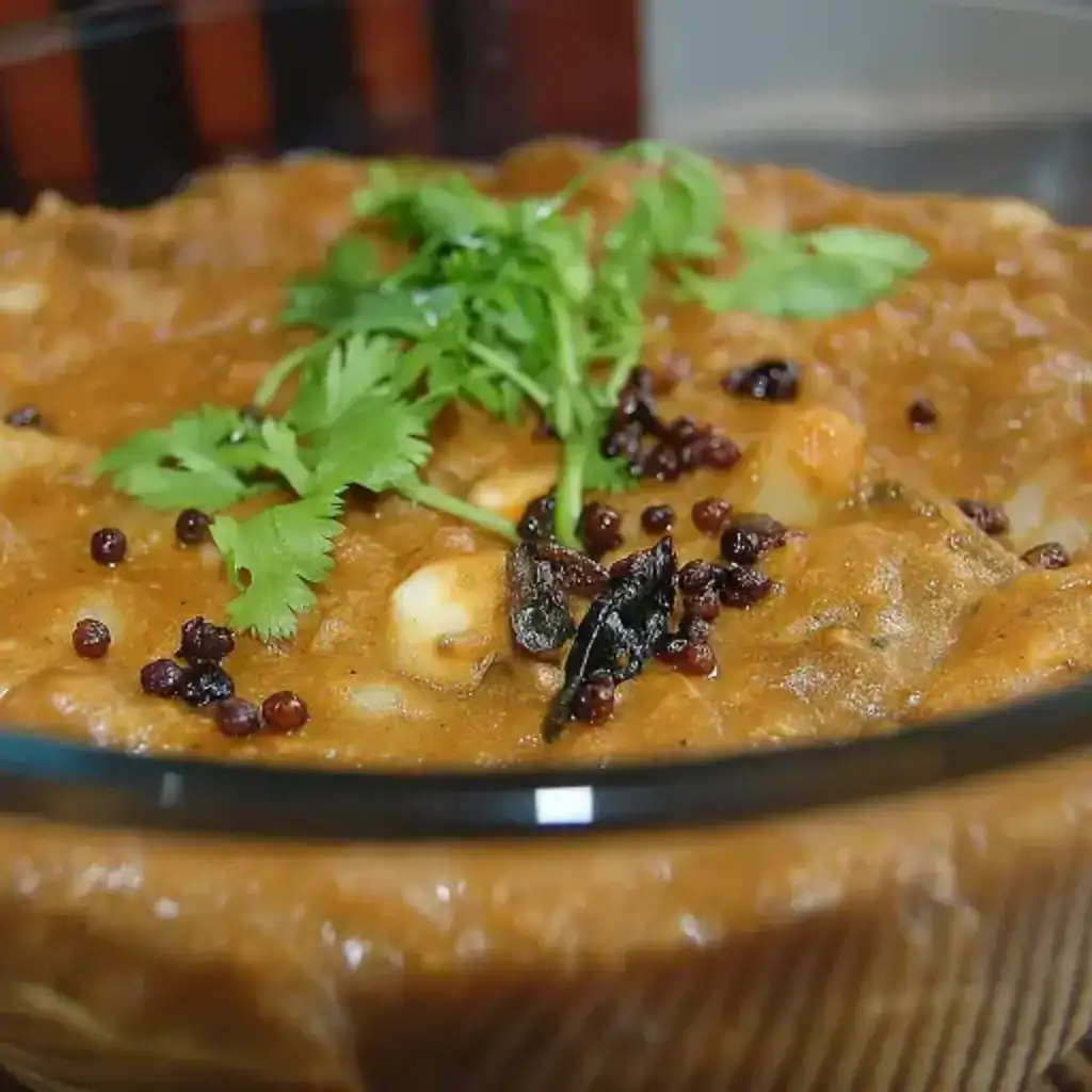 Kerala style Kappa Biriyani served in a glass bowl, topped with fried shallots, curry leaves, and mustard seeds on a rustic cloth.