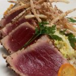 Coriander Crusted Tuna with Creamed Cabbage and Fried Leeks