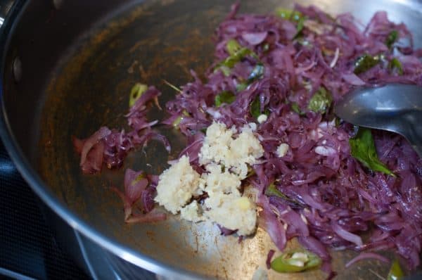 Crushed ginger and garlic were added to sautéed onions.
