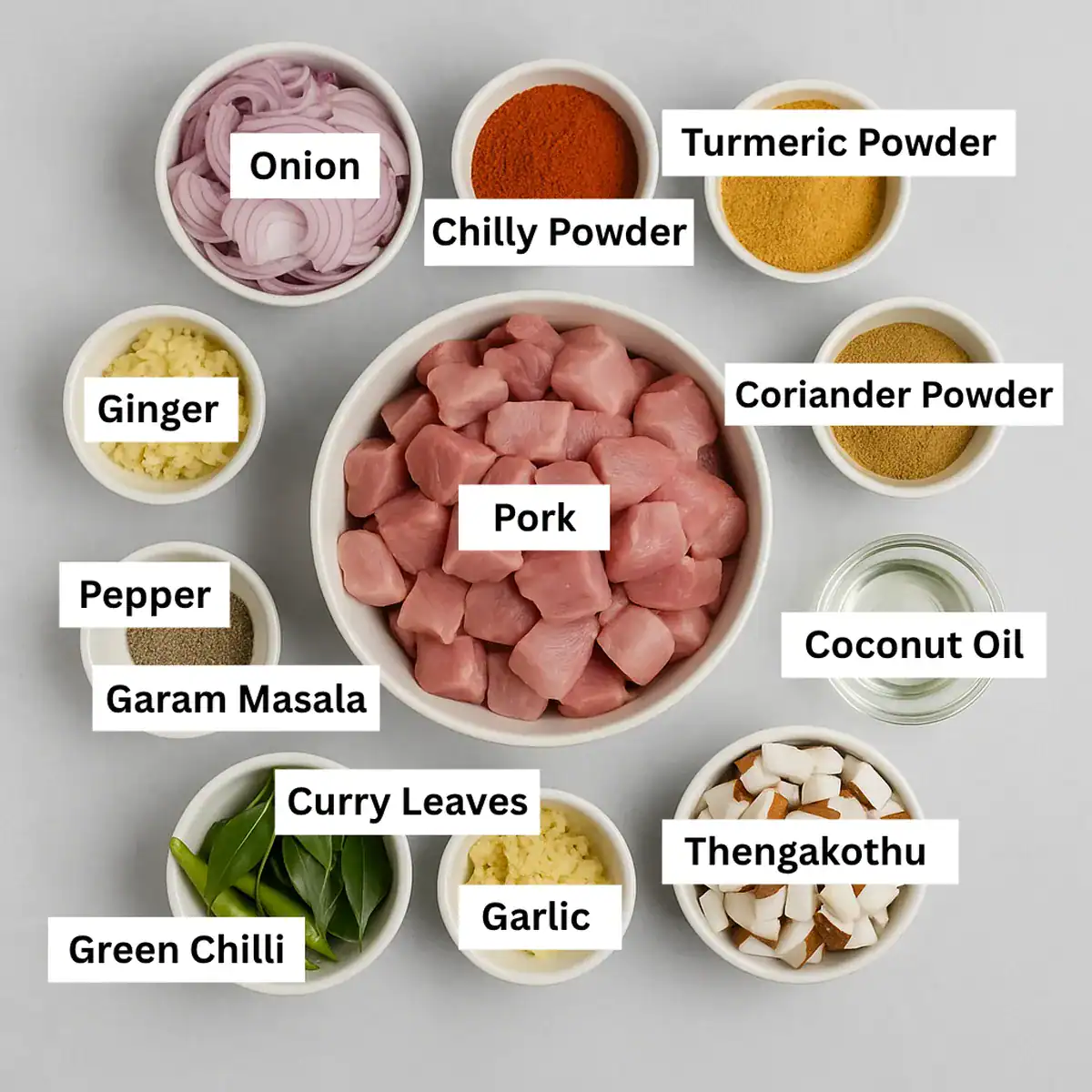 Ingredients for Kerala Style Pork Fry (Nadan Pork Ularthiyathu) arranged in small bowls on a gray background, including pork, spices, shallots, coconut pieces, curry leaves, and coconut oil.