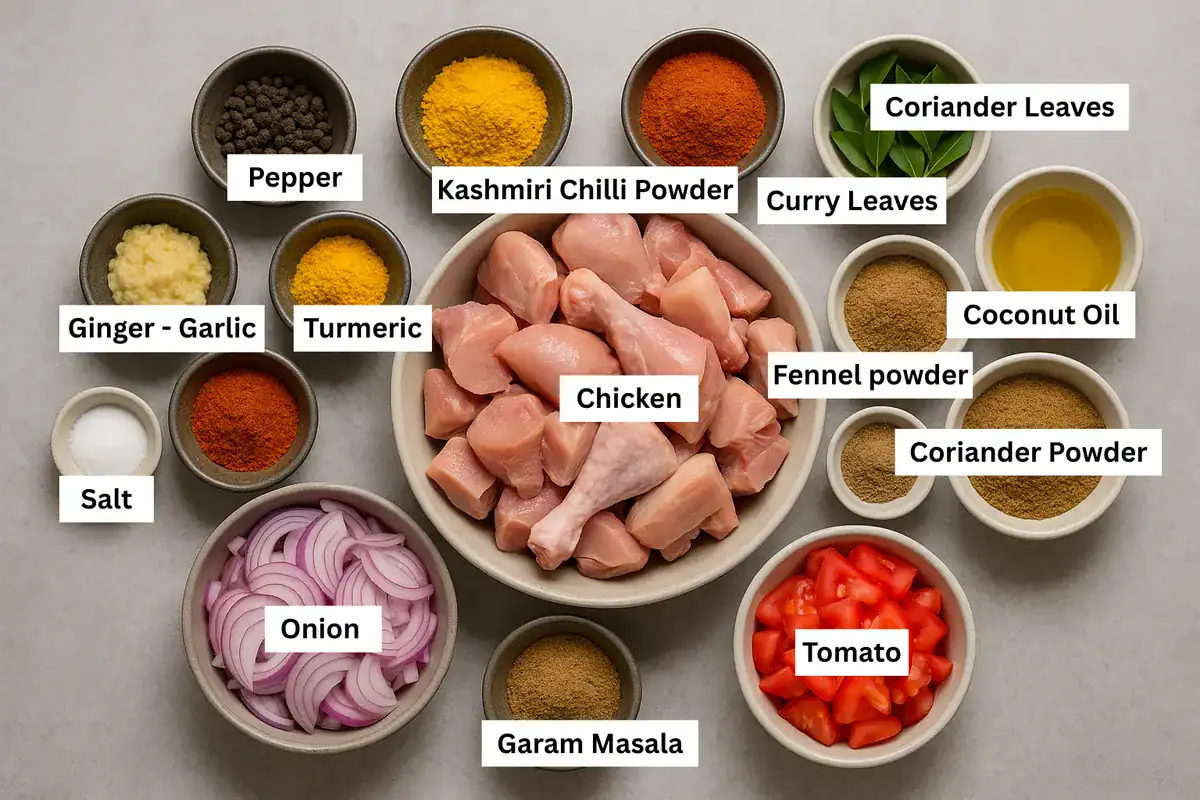 Ingredients for Kerala chicken curry displayed in bowls on grey background, including mixed chicken pieces, spices, and chopped veggies.