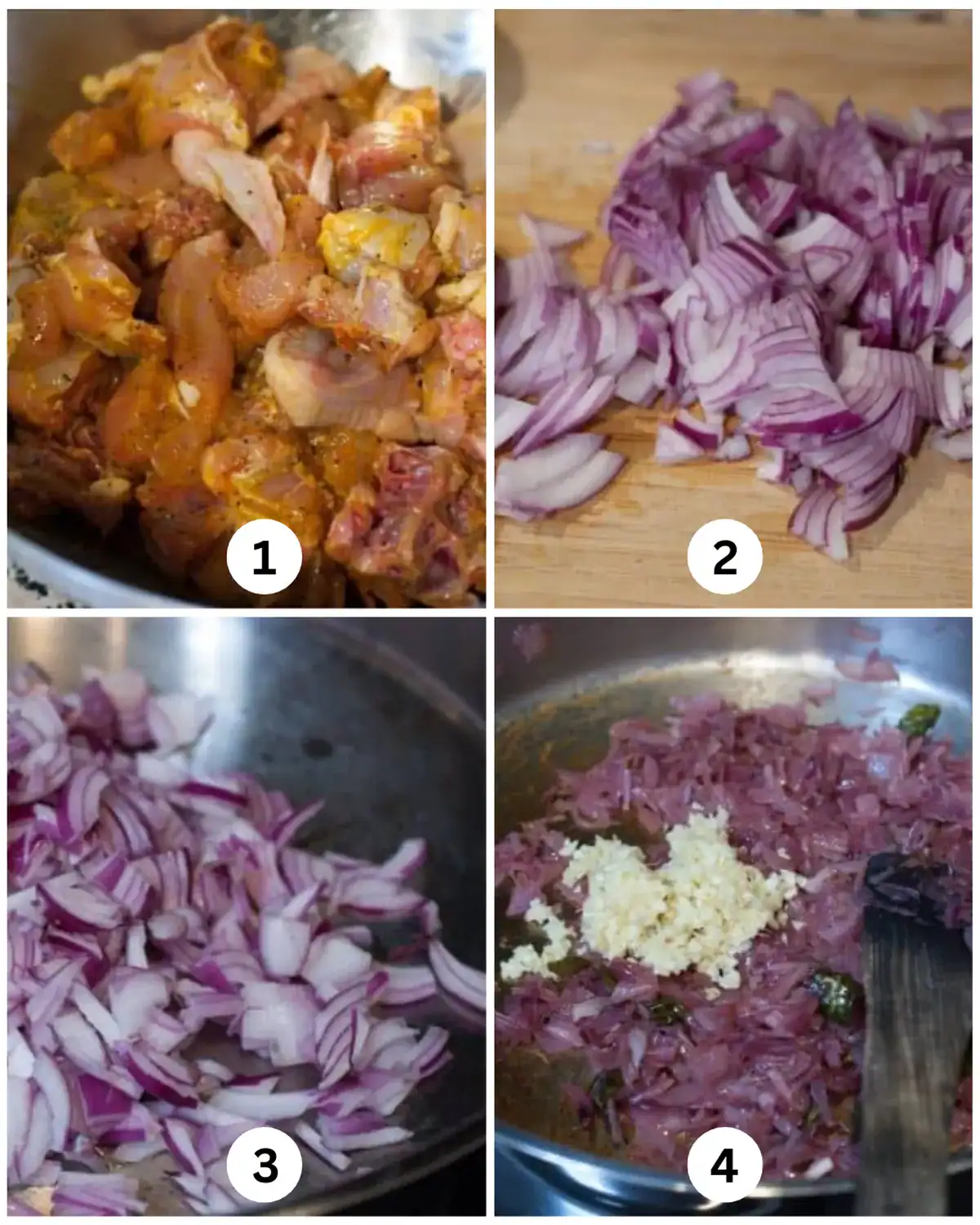 Marinated chicken, chopped onions, and sautéed onions with ginger garlic added to the pan in the first stages of nadan kozhi curry.