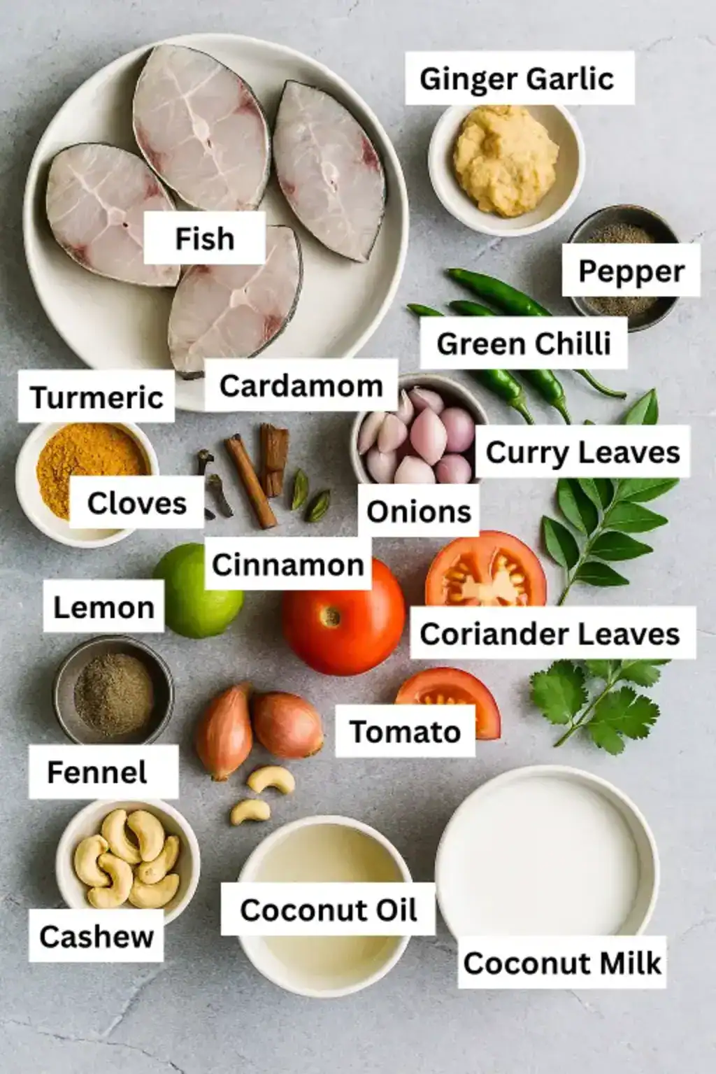 On a gray tabletop, cut pomfret, spices, onions, tomatoes, curry leaves, and coconut milk are neatly arranged for fish molee.