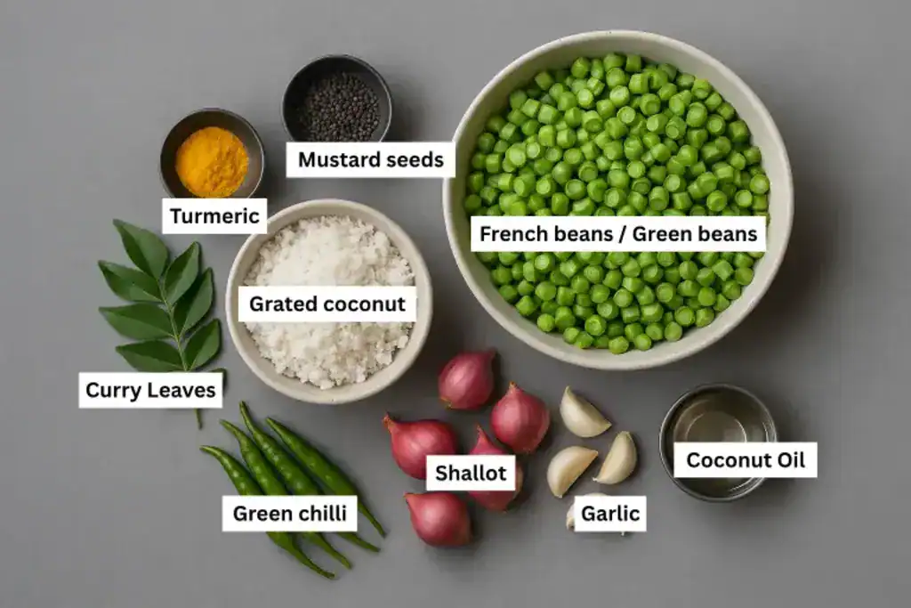 Chopped beans, grated coconut, shallots, garlic, chilies, spices, and curry leaves arranged for Kerala-style beans thoran.