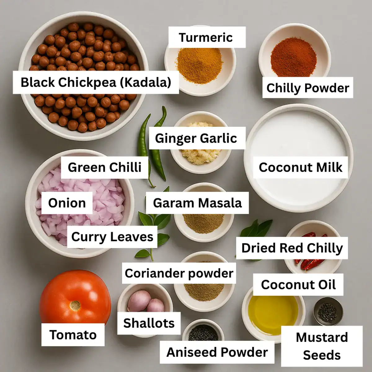 ngredients for Kerala Style Kadala Curry arranged in bowls on a grey background, including chickpeas, spices, coconut milk, and herbs.