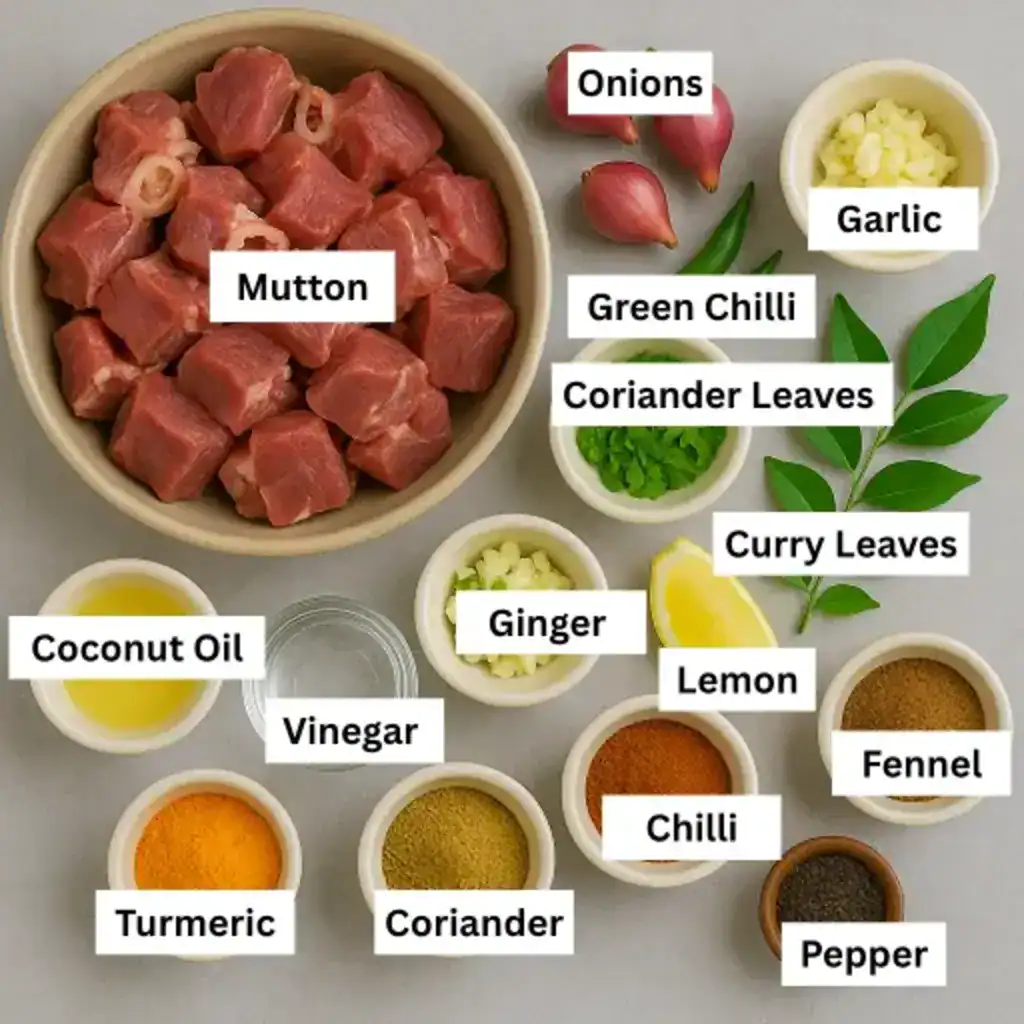 Kerala style mutton curry ingredients on gray surface with raw mutton, onion, rice, tomatoes, spices, and herbs.