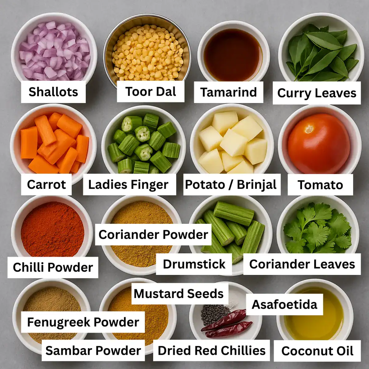 Ingredients for Kerala Style Sambar arranged in separate bowls on a gray background, including dal, spices, vegetables, and herbs.