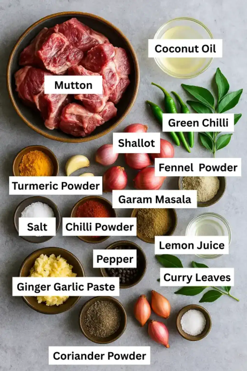Bone-in mutton, crushed spices, shallots, green chillies, curry leaves, and masala powders arranged for Kerala style mutton pepper fry.