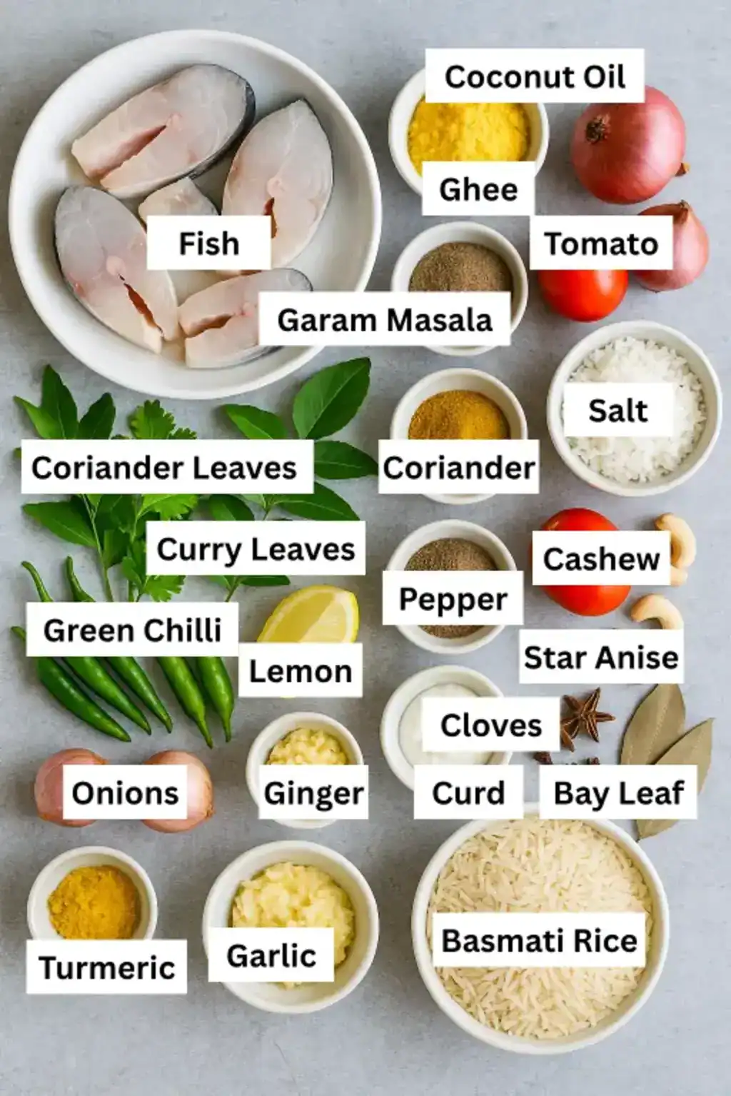 Ingredients for Kerala Style Fish Biriyani arranged on a gray tabletop, including fish, rice, spices, herbs, and ghee.