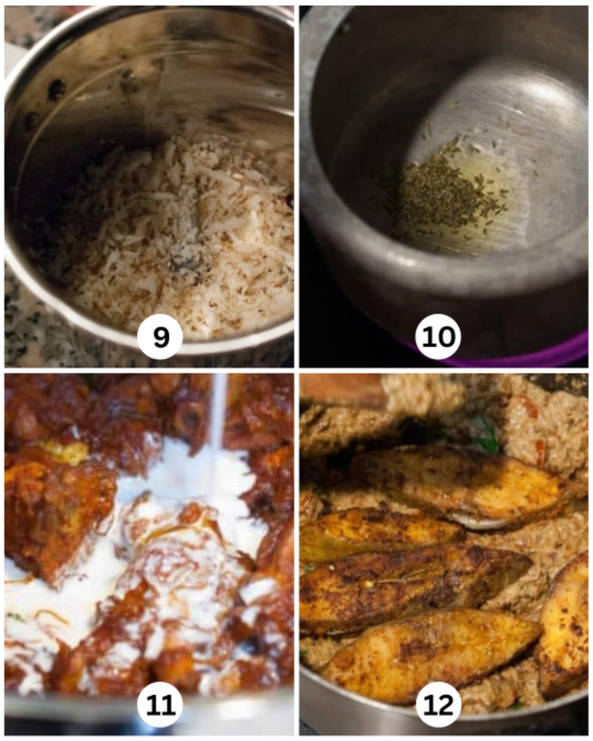 Blending shredded coconut with soaked cashews, adding to the masala, then mixing in fried fish for Kerala-style fish biryani.