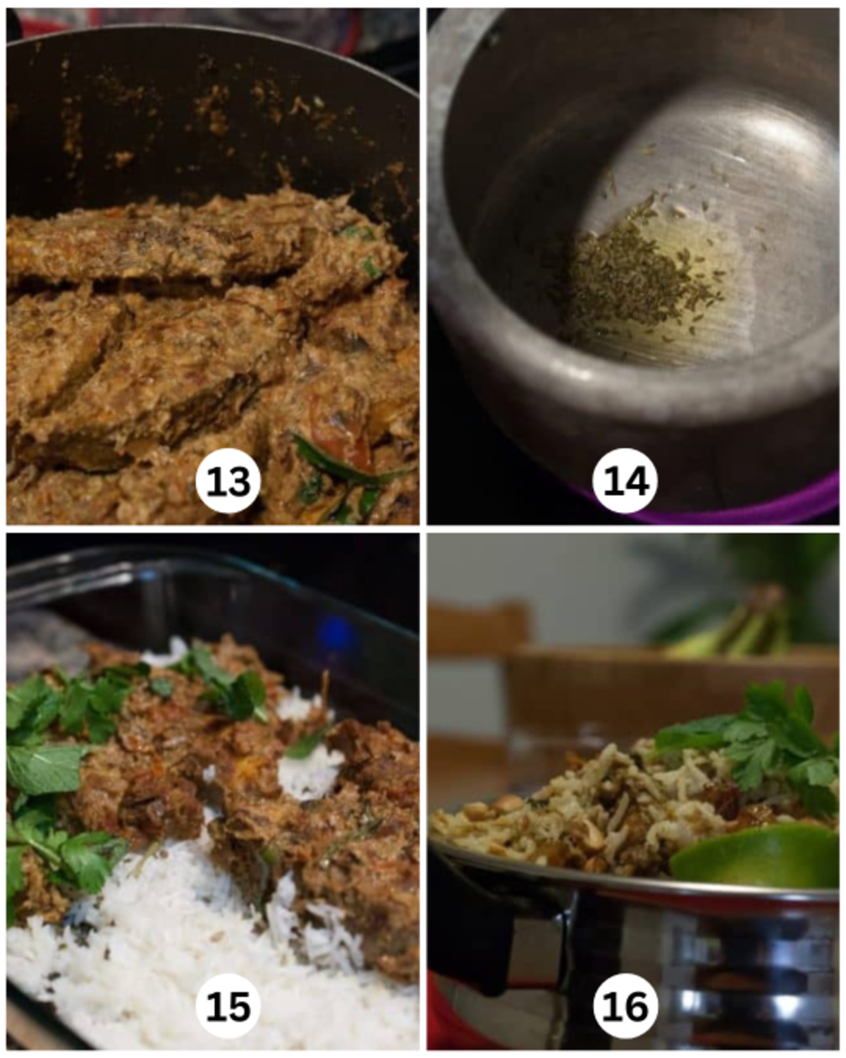 For Kerala fish biryani, fish is cooked in masala, whole spices are infused in ghee, the spices are toasted, and rice is added.