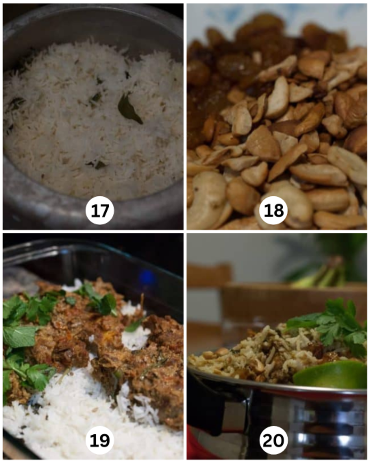 Layering cooked rice, fried cashews, and raisins, assembling fish biryani for a rich, aromatic feast.

