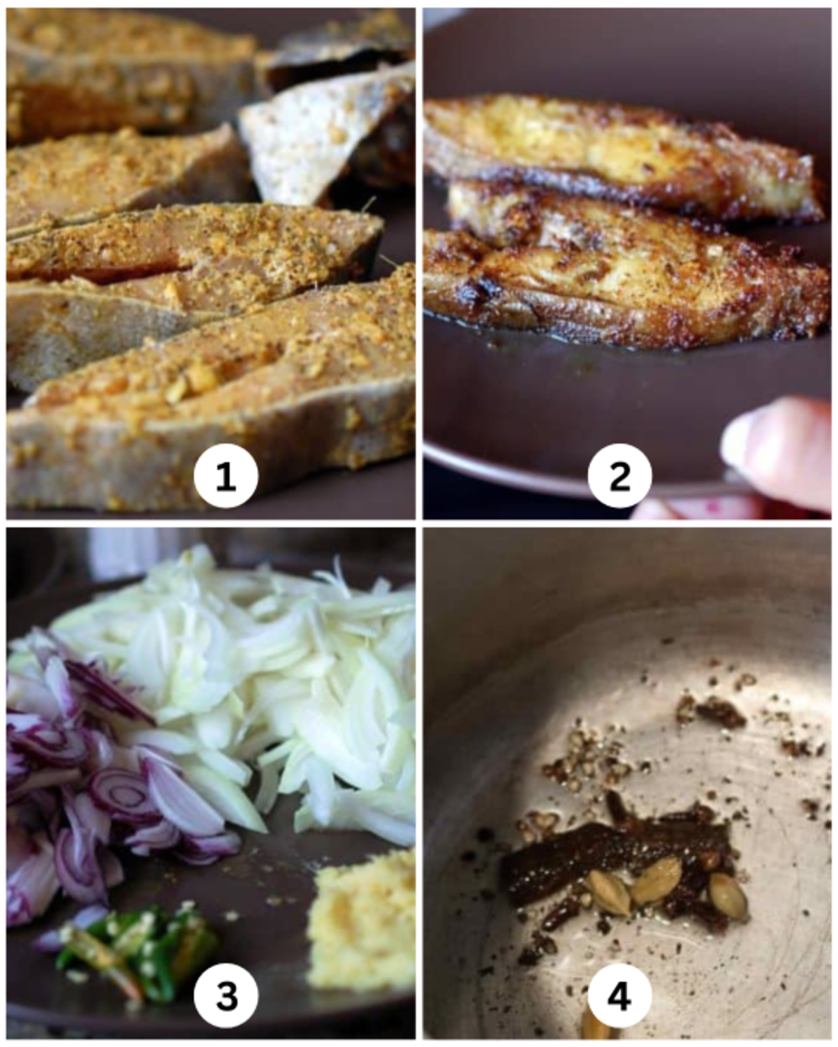 Marinating fish, frying until golden, resting on a plate, then sautéing onions in oil for Kerala-style fish biryani.