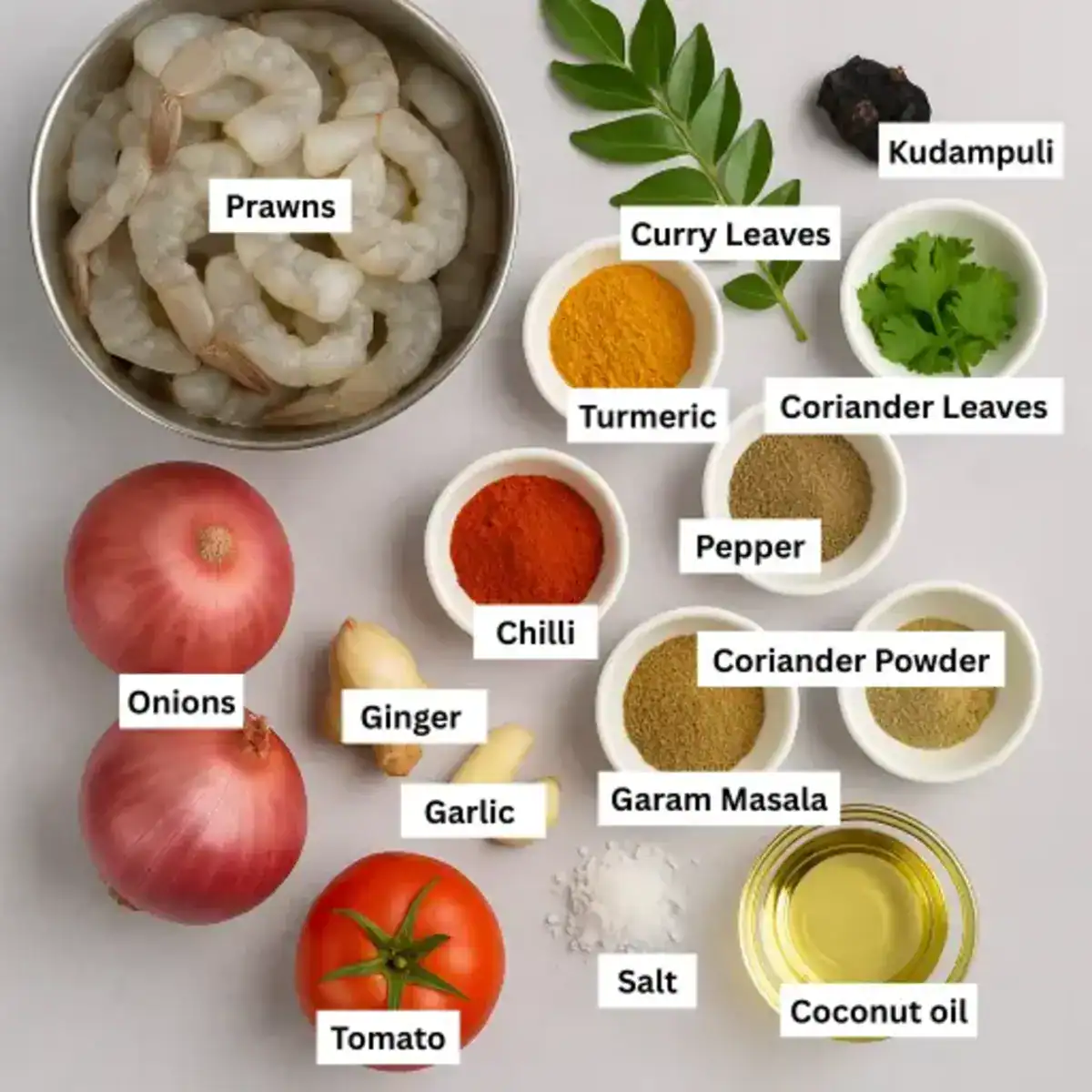 Ingredients for Kerala prawns masala with prawns, onion, tomato, curry leaves, kudampuli, and basic spices on a gray background.