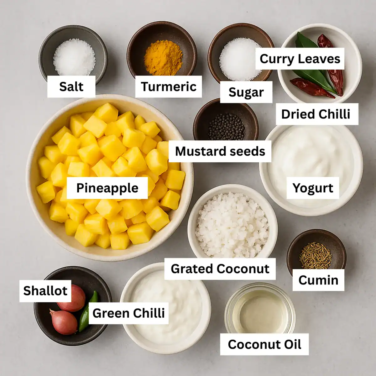 Ingredients for Pineapple Pachadi arranged in small bowls on a grey background, including pineapple, yogurt, spices, and coconut.