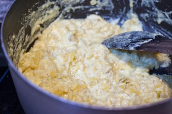 Pineapple Pachadi mixture fully combined with yogurt in a thick creamy texture.