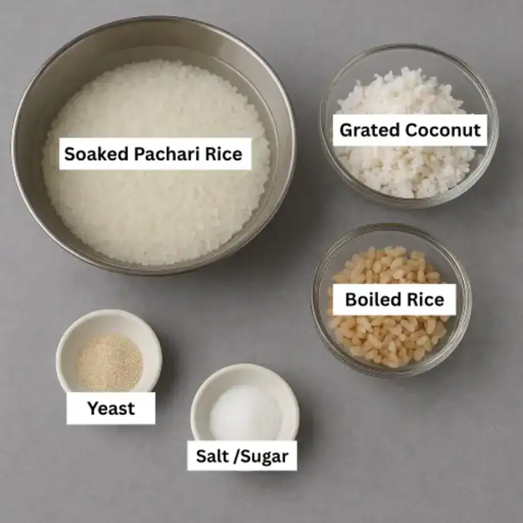 Kerala-style Appam ingredients on a gray background showing soaked pachari rice, boiled red rice, grated coconut, yeast, sugar, and salt.