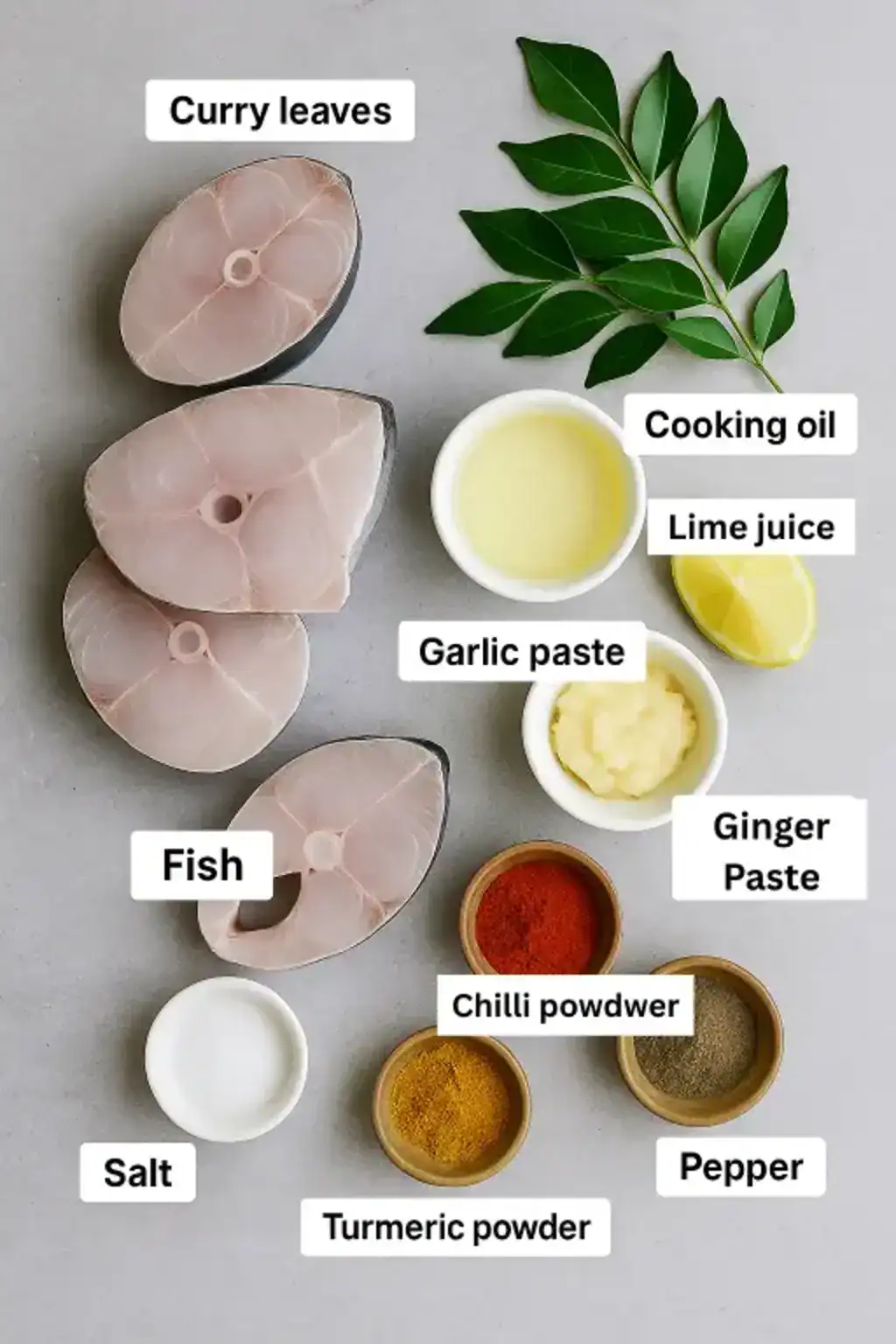 Pomfret fish steaks, curry leaves, coconut oil, and spices for Kerala-style fish fry are arranged neatly on a gray top.