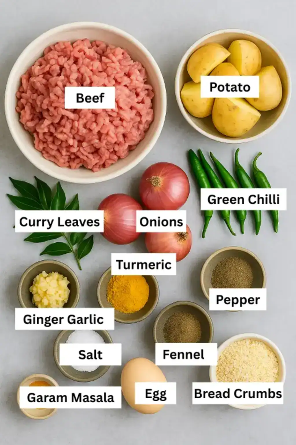 Ingredients for Kerala Style Beef Cutlet including ground beef, spices, onion, potato, egg, and breadcrumbs on a gray surface.